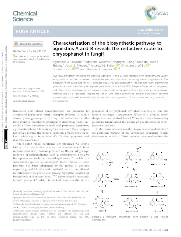 Characterisation of the biosynthetic pathway to agnestins A and B reveals the reductive route to chrysophanol in fungi Thumbnail