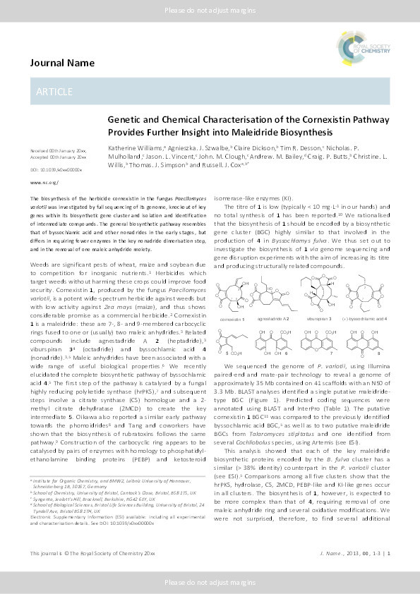 Genetic and chemical characterisation of the cornexistin pathway provides further insight into maleidride biosynthesis Thumbnail