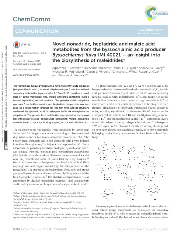 Novel nonadride, heptadride and maleic acid metabolites from the byssochlamic acid producer Byssochlamys fulva IMI 40021-an insight into the biosynthesis of maleidrides Thumbnail