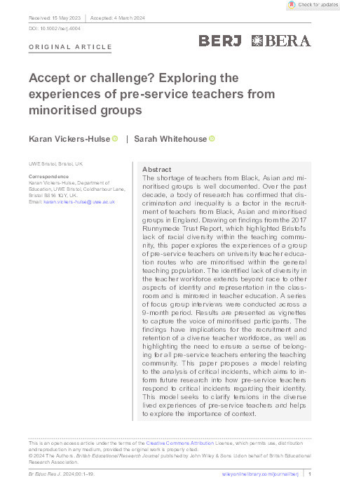 Accept or challenge? Exploring the experiences of pre-service teachers from minoritised groups Thumbnail