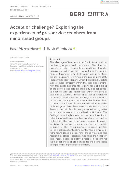 Accept or challenge? Exploring the experiences of pre-service teachers from minoritised groups Thumbnail