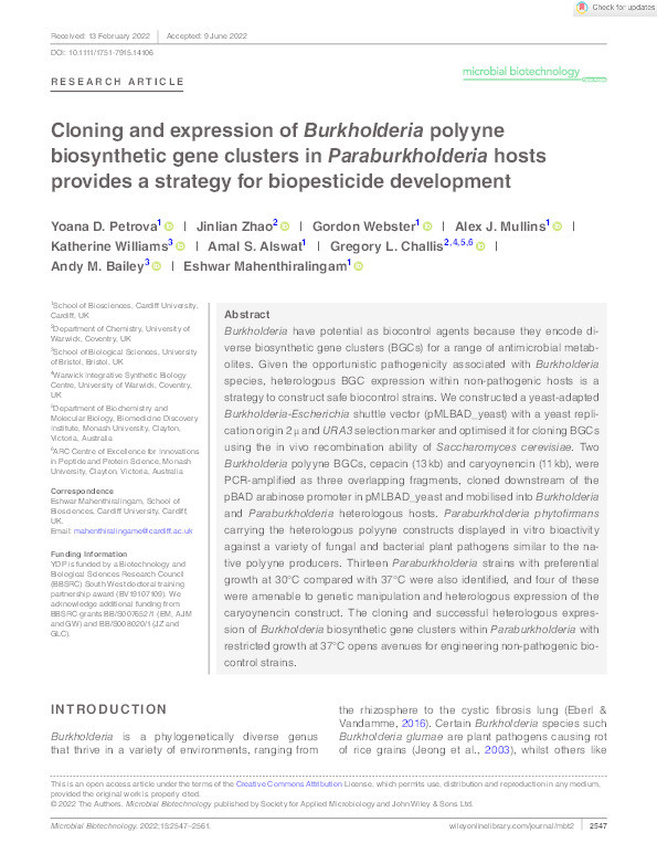 Cloning and expression of Burkholderia polyyne biosynthetic gene clusters in Paraburkholderia hosts provides a strategy for biopesticide development Thumbnail
