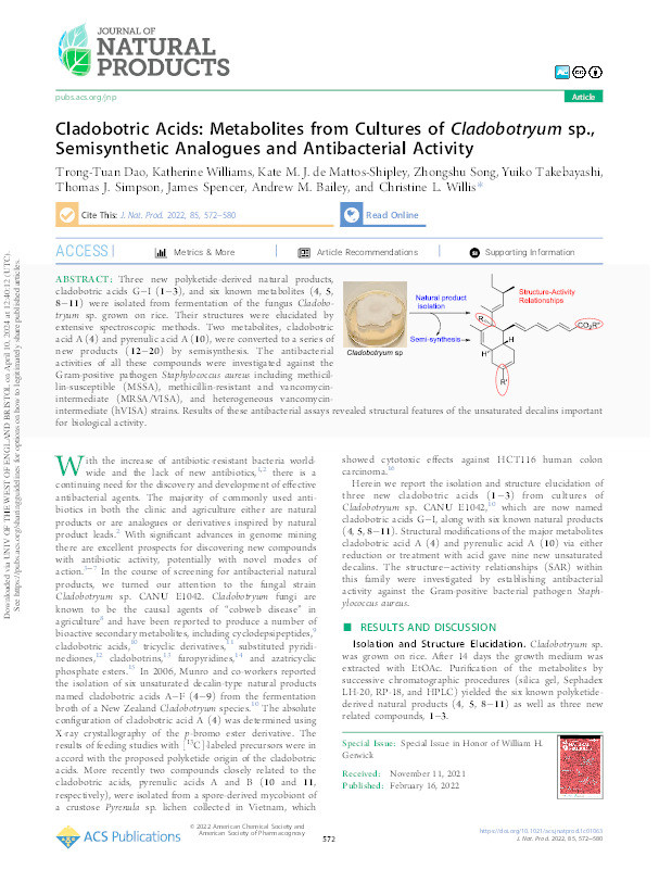 Cladobotric acids: Metabolites from cultures of Cladobotryum sp., Semisynthetic analogues and antibacterial activity Thumbnail