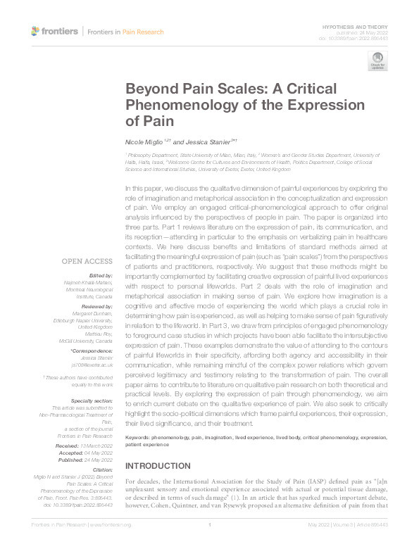 Beyond pain scales: A critical phenomenology of the expression of pain Thumbnail