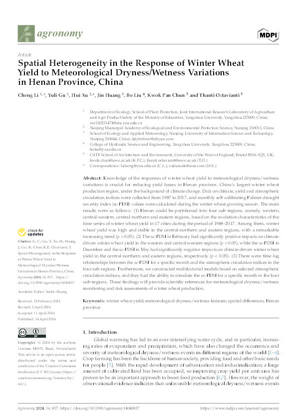 Spatial heterogeneity in the response of winter wheat yield to meteorological dryness/wetness variations in Henan province, China Thumbnail