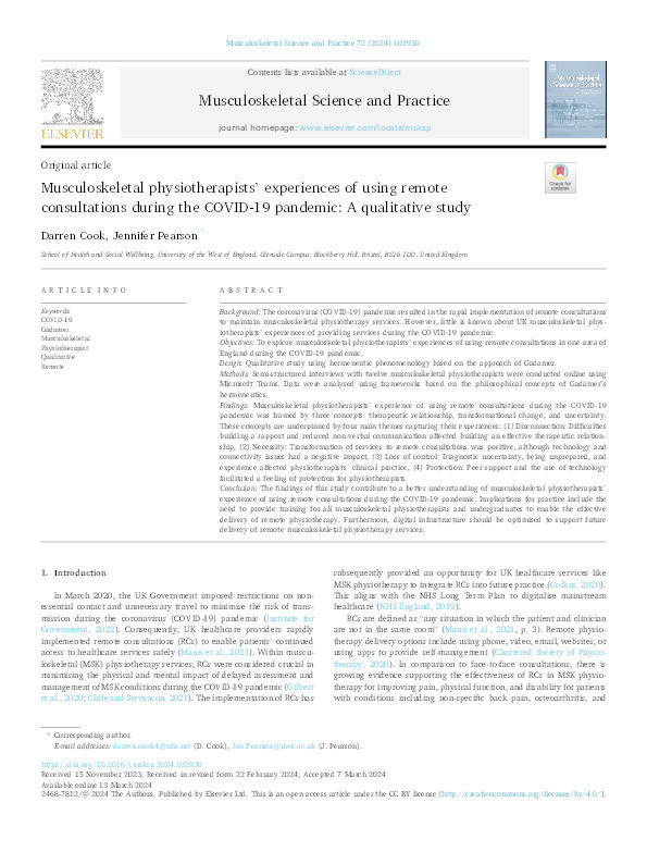 Musculoskeletal physiotherapists’ experiences of using remote consultations during the COVID-19 pandemic: A qualitative study Thumbnail