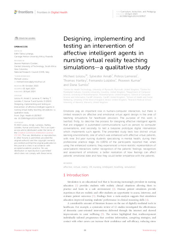 Designing, implementing and testing an intervention of affective intelligent agents in nursing virtual reality teaching simulations - A qualitative study Thumbnail
