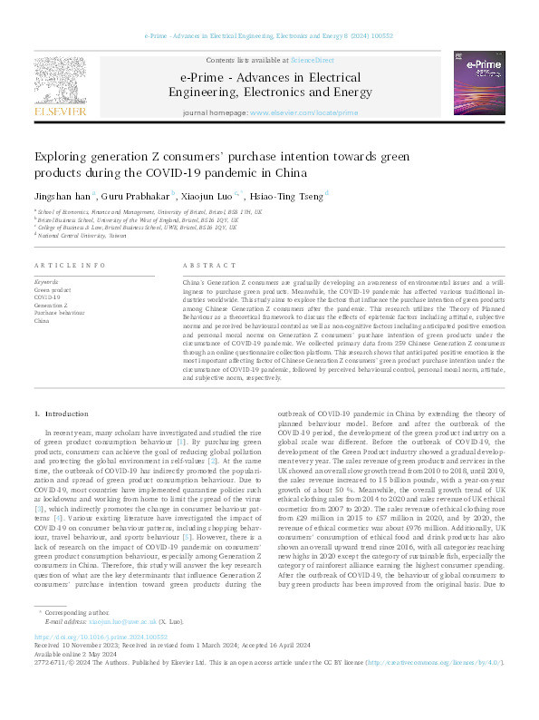 Exploring generation Z consumers’ purchase intention towards green products during the COVID-19 pandemic in China Thumbnail