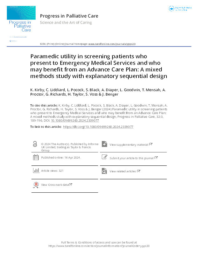 Paramedic utility in screening patients who present to Emergency Medical Services and who may benefit from an Advance Care Plan: A mixed methods study with explanatory sequential design Thumbnail