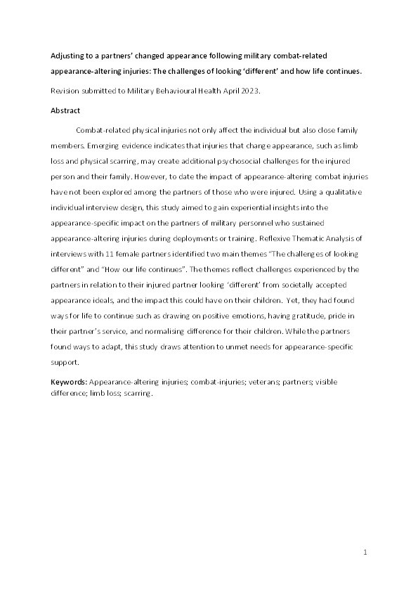 Adjusting to a partners’ changed appearance following military combat-related appearance-altering injuries: The challenges of looking ‘different’ and how life continues Thumbnail