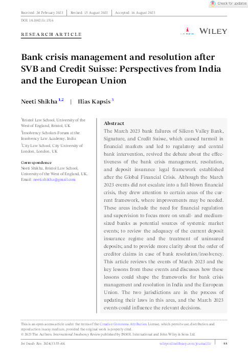 Bank crisis management and resolution after SVB and Credit Suisse: Perspectives from India and the European Union Thumbnail