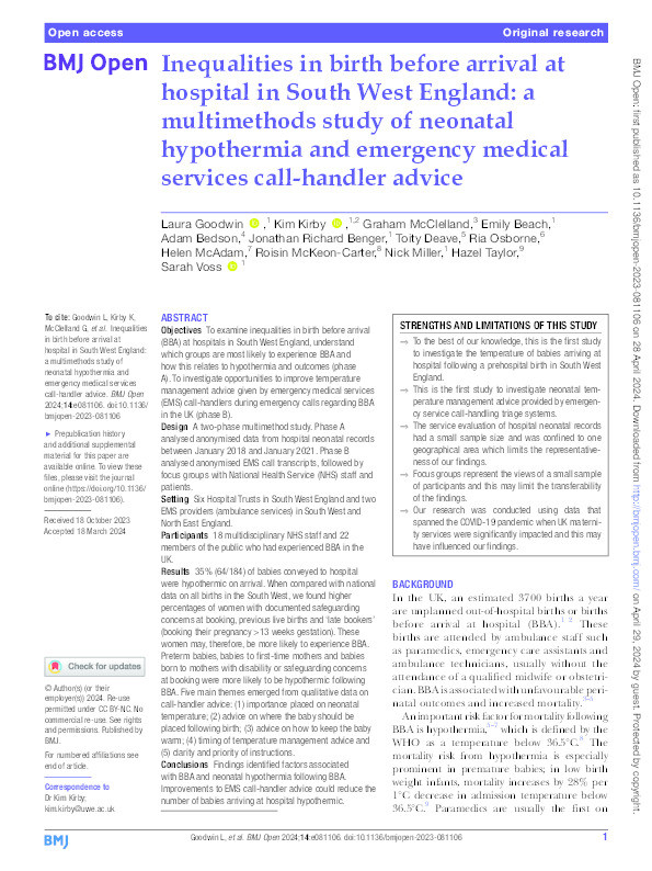 Inequalities in birth before arrival at hospital in South West England: a multimethods study of neonatal hypothermia and emergency medical services call-handler advice. Thumbnail