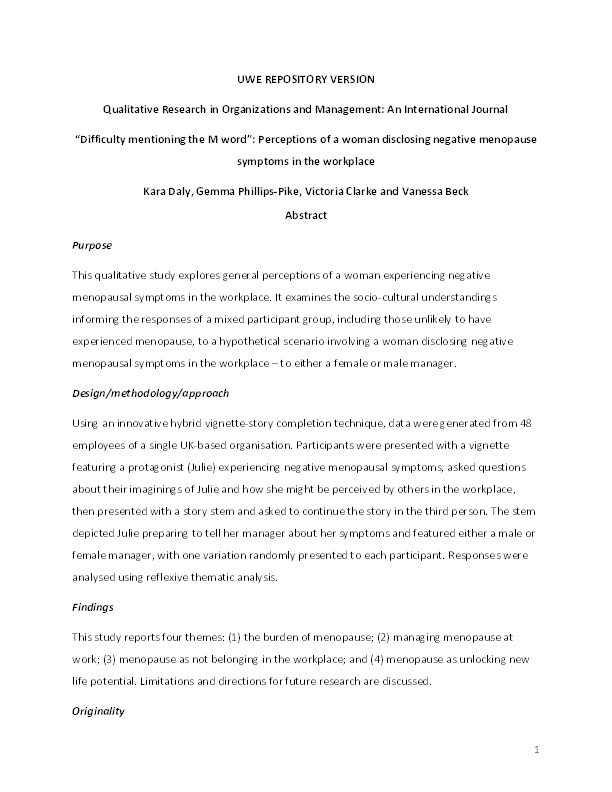 “Difficulty mentioning the M word”: Perceptions of a woman disclosing negative menopause symptoms in the workplace Thumbnail