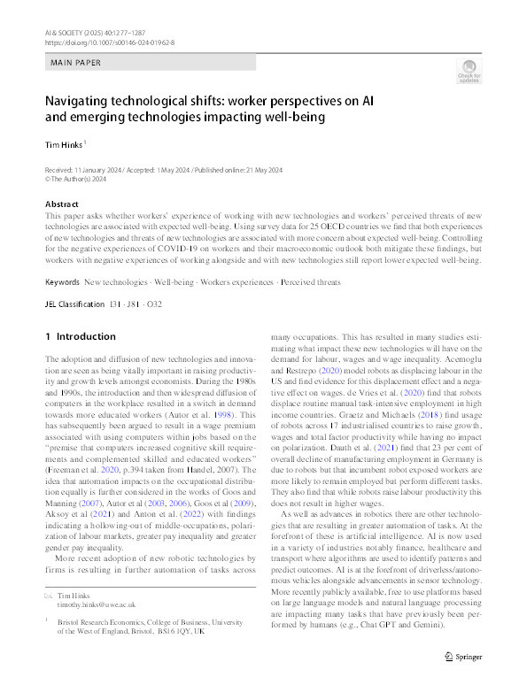 Navigating technological shifts: Worker perspectives on AI and emerging technologies impacting well-being Thumbnail