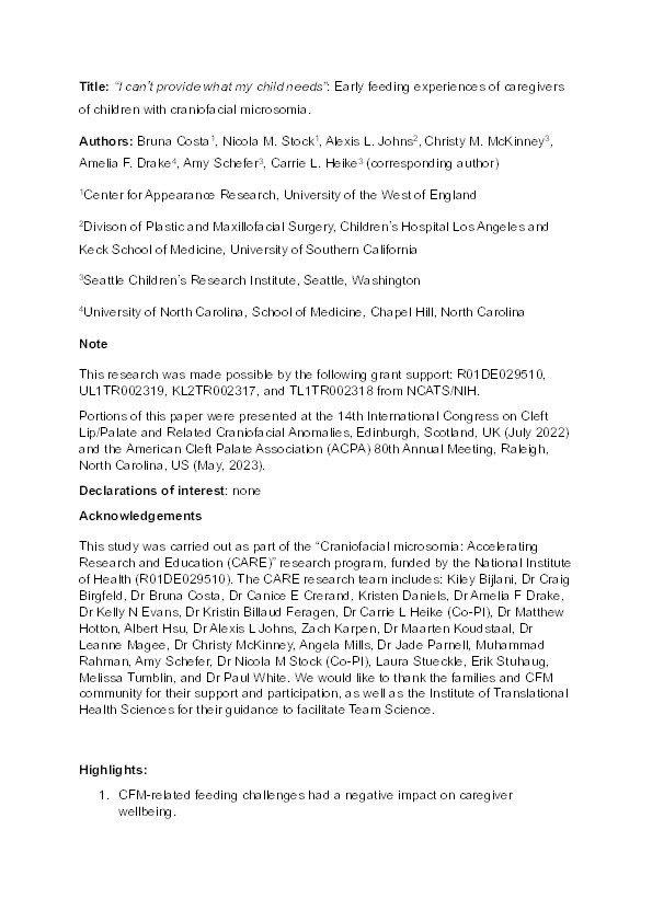 “I can't provide what my child needs”: Early feeding experiences of caregivers of children with craniofacial microsomia Thumbnail