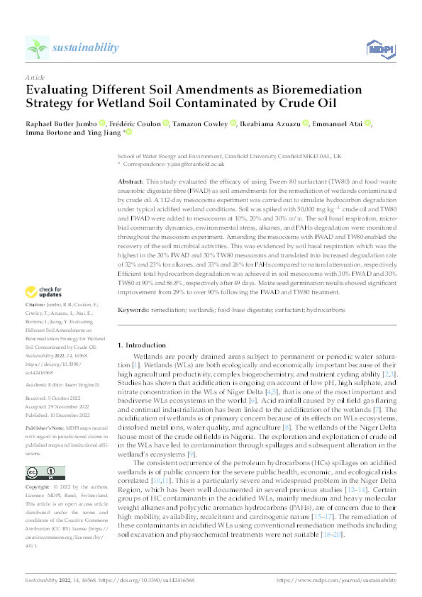 Evaluating different soil amendments as bioremediation strategy for wetland soil contaminated by crude oil Thumbnail