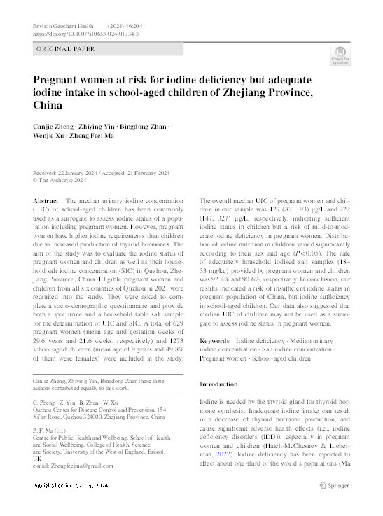 Pregnant women at risk for iodine deficiency but adequate iodine intake in school-aged children of Zhejiang Province, China Thumbnail