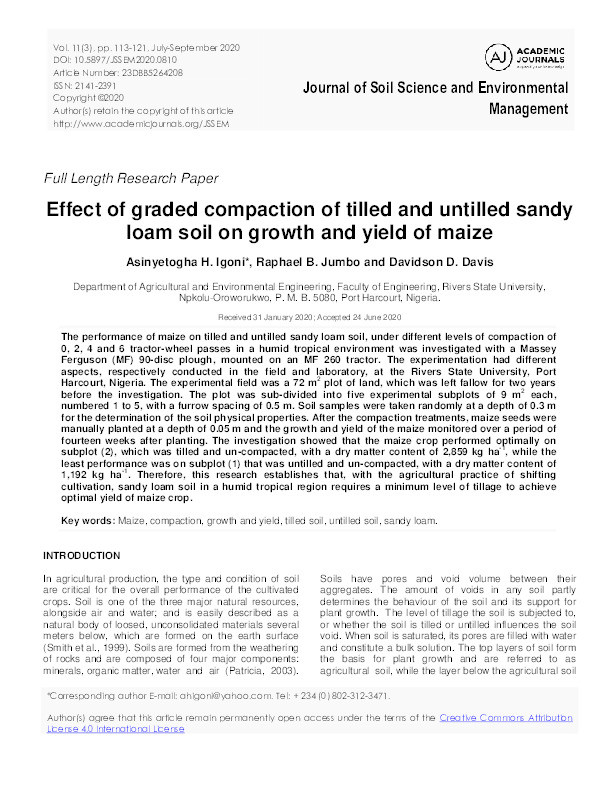 Effect of graded compaction of tilled and untilled sandy loam soil on growth and yield of maize Thumbnail