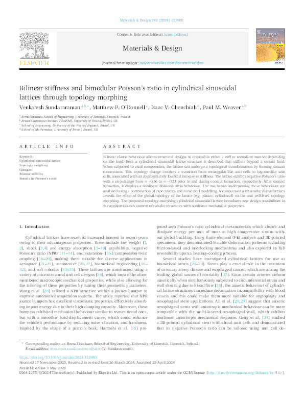 Bilinear stiffness and bimodular Poisson's ratio in cylindrical sinusoidal lattices through topology morphing Thumbnail