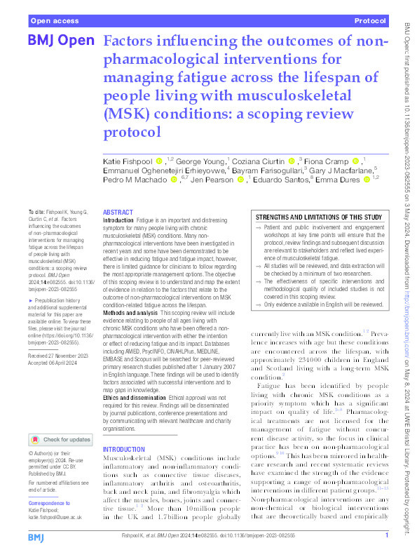 Factors influencing the outcomes of non-pharmacological interventions for managing fatigue across the lifespan of people living with musculoskeletal (MSK) conditions: a scoping review protocol. Thumbnail