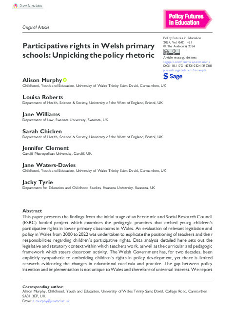 Participative rights in Welsh primary schools: Unpicking the policy rhetoric Thumbnail