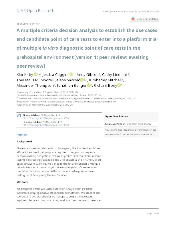 A multiple criteria decision analysis to establish the use cases and candidate point of care tests to enter into a platform trial of multiple in vitro diagnostic point of care tests in the prehospital environment Thumbnail