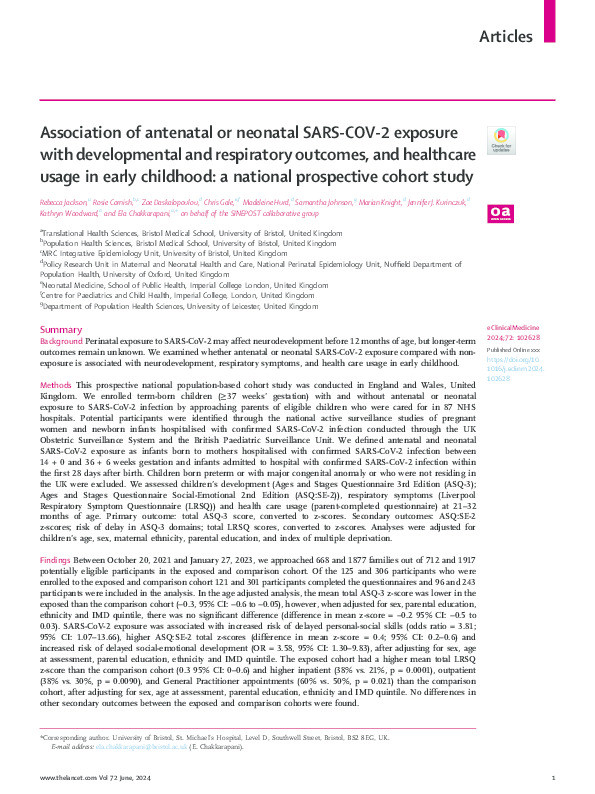 Association of antenatal or neonatal SARS-COV-2 exposure with developmental and respiratory outcomes, and healthcare usage in early childhood: A national prospective cohort study Thumbnail