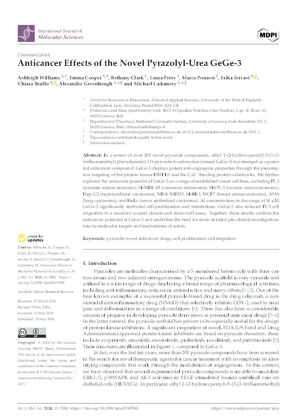 Anticancer effects of the Novel Pyrazolyl-Urea GeGe-3 Thumbnail