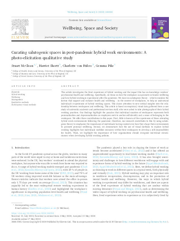 Curating salutogenic spaces in post-pandemic hybrid work environments:  A photo-elicitation qualitative study Thumbnail