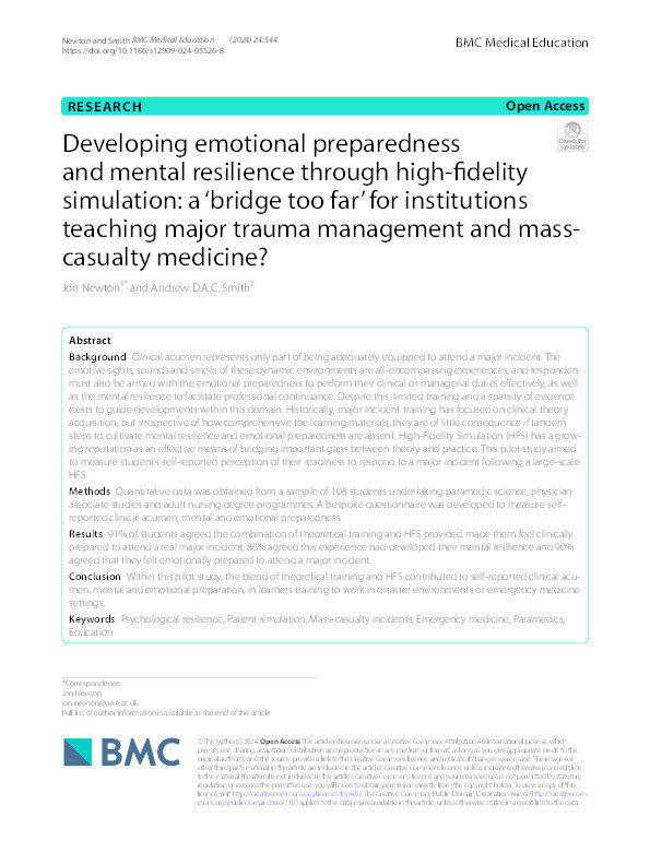 Developing emotional preparedness and mental resilience through high-fidelity simulation: A ‘bridge too far’ for institutions teaching major trauma management and mass-casualty medicine? Thumbnail