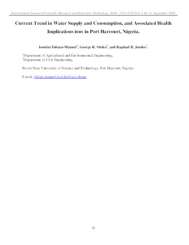 Current trend in water supply and consumption, and associated health implications ions in Port Harcourt, Nigeria Thumbnail