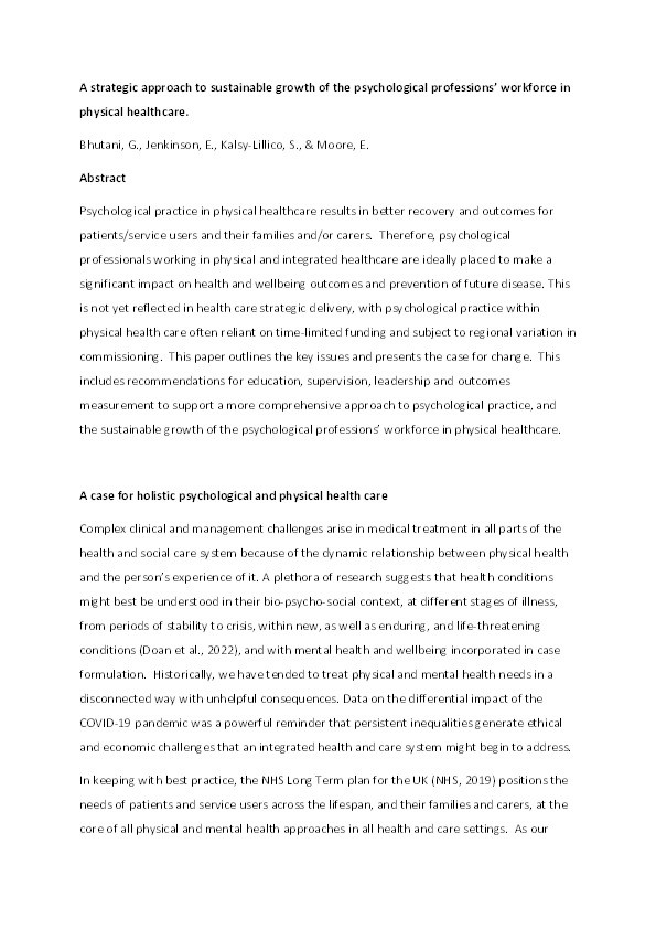 A strategic approach to sustainable growth  of the psychological professions’ workforce  in physical healthcare Thumbnail