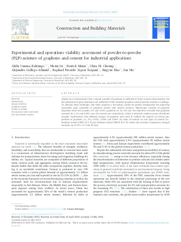 Experimental and operations viability assessment of powder-to-powder (P2P) mixture of graphene and cement for industrial applications Thumbnail