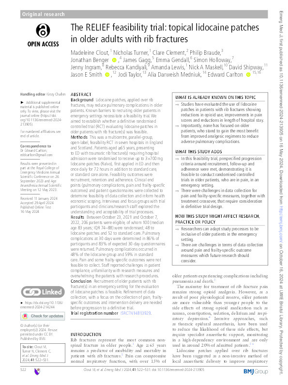 The RELIEF feasibility trial: Topical lidocaine patches in older adults with rib fractures Thumbnail