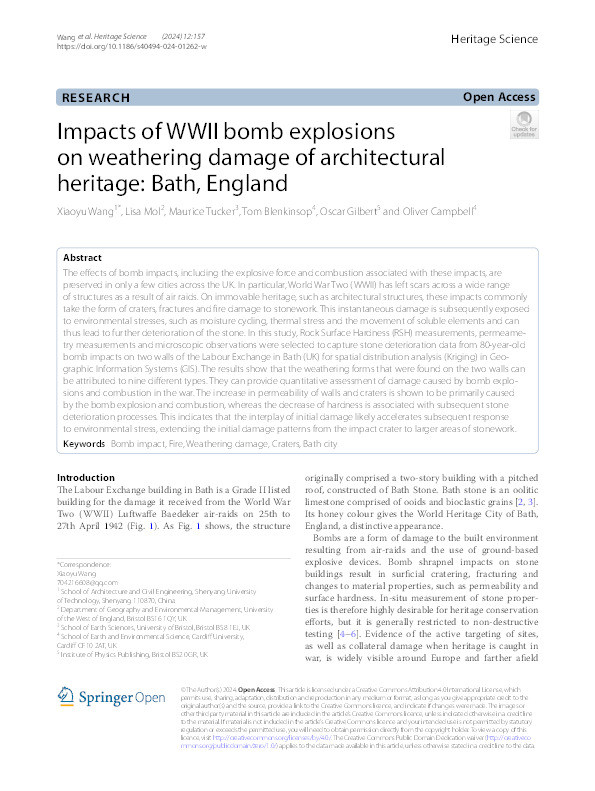 Impacts of WWII bomb explosions on weathering damage of architectural heritage: Bath, England Thumbnail