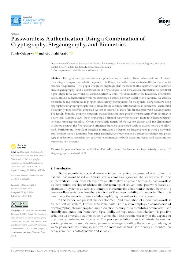 Passwordless authentication using a combination of cryptography, steganography, and biometrics Thumbnail