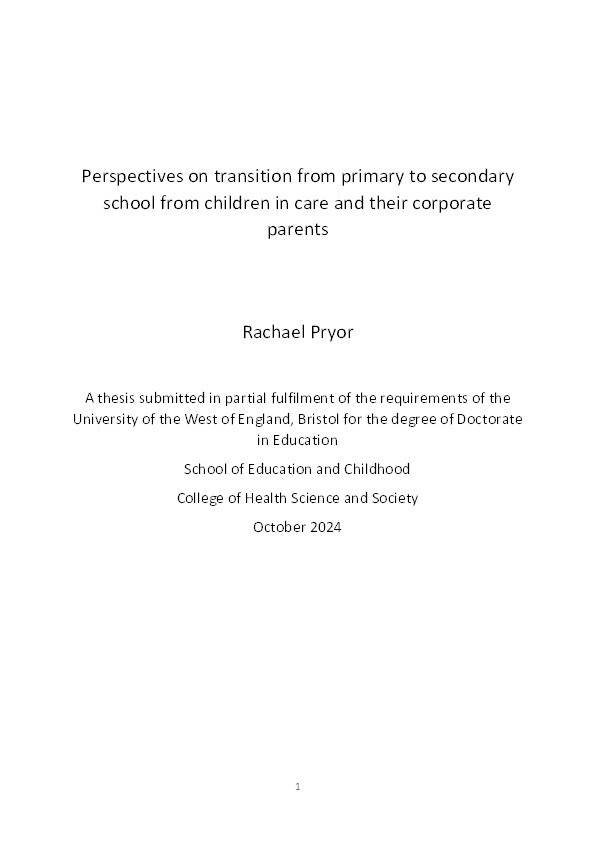 Perspectives on transition from primary to secondary school from children in care and their corporate parents Thumbnail