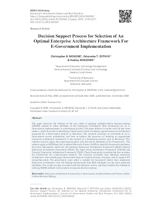 Decision support process for selection of an optimal enterprise architecture framework for e-government implementation Thumbnail