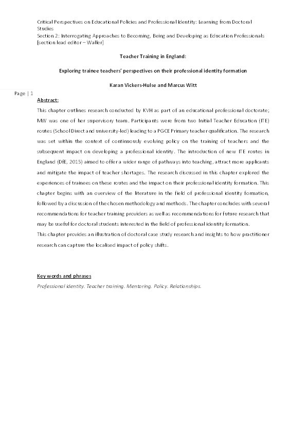 Teacher training in England: Exploring trainee teachers' perspectives on their professional identity formation Thumbnail