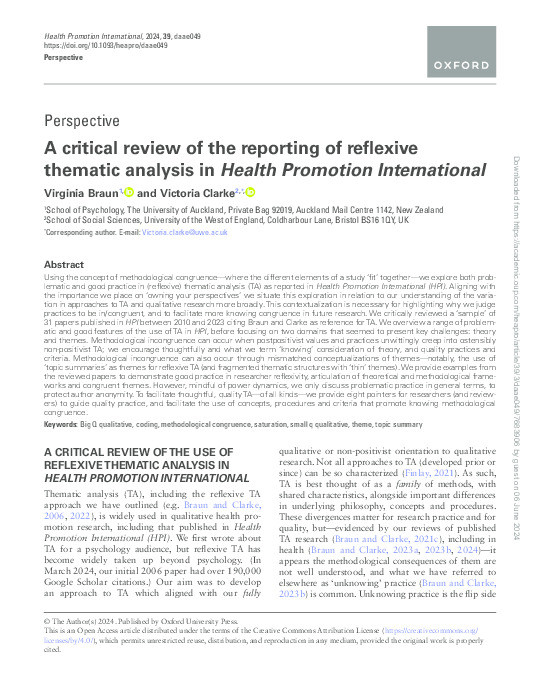 A critical review of the reporting of reflexive thematic analysis in Health Promotion International Thumbnail