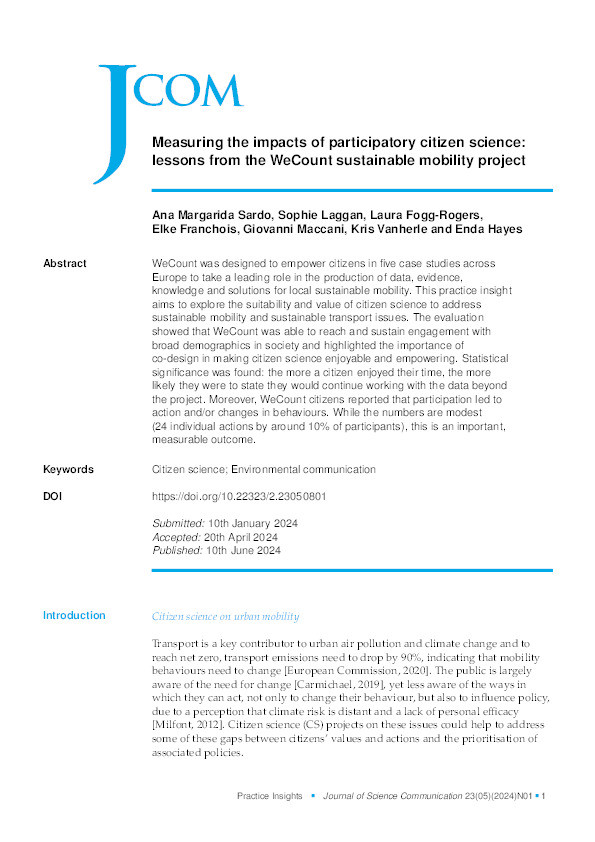 Measuring the impacts of participatory citizen science: Lessons from the WeCount sustainable mobility project Thumbnail