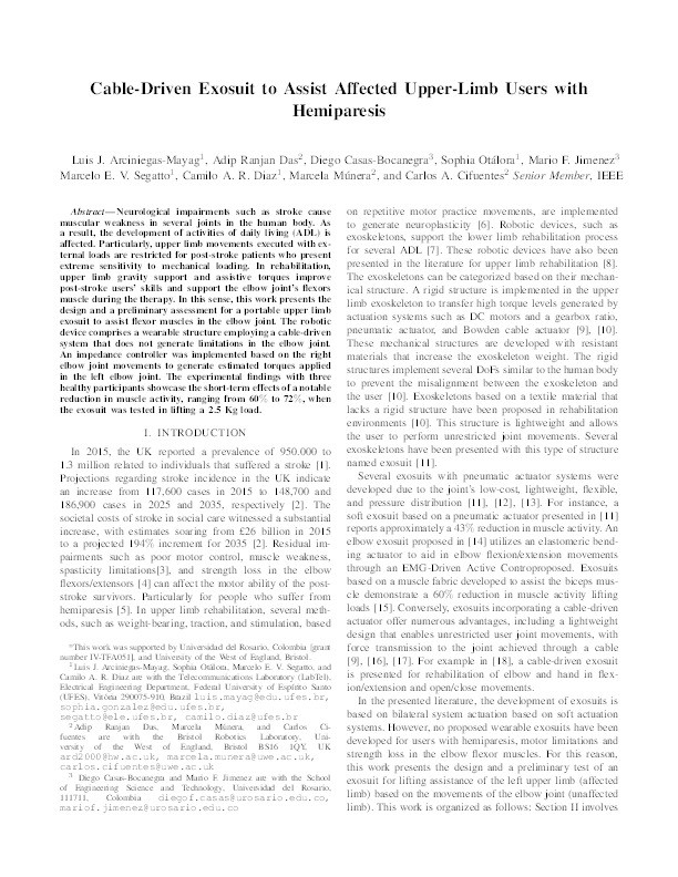 Cable-driven exosuit to assist affected upper-limb users with hemiparesis Thumbnail