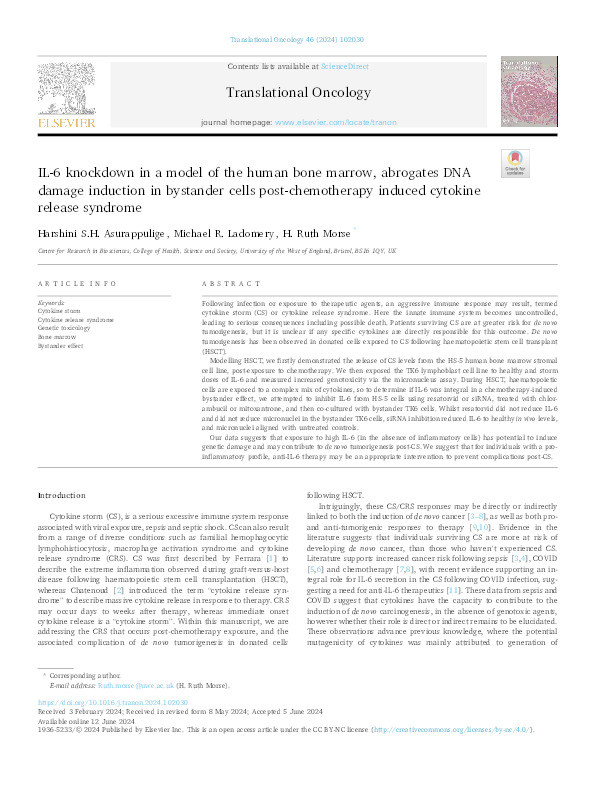 IL-6 knockdown in a model of the human bone marrow, abrogates DNA damage induction in bystander cells post-chemotherapy induced cytokine release syndrome Thumbnail