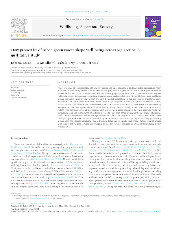 How properties of urban greenspaces shape well-being across age groups: A qualitative study Thumbnail