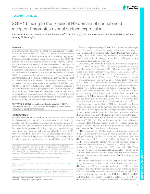 SGIP1 binding to the α-helical H9 domain of cannabinoid receptor 1 promotes axonal surface expression Thumbnail
