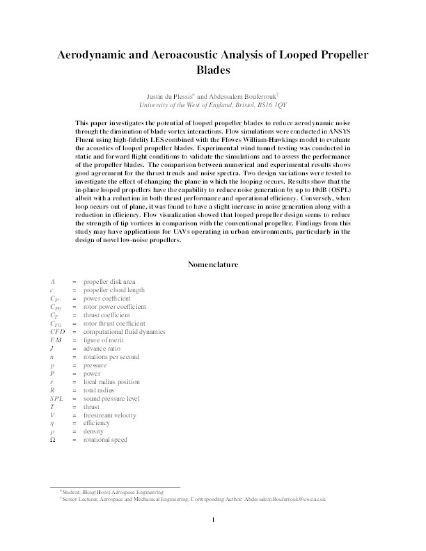 Aerodynamic and aeroacoustic analysis of looped propeller blades Thumbnail