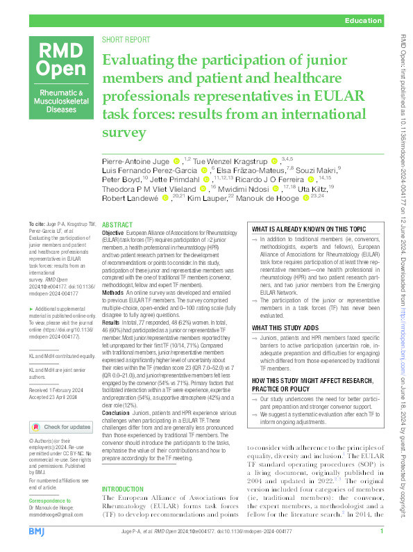 Evaluating the participation of junior members and patient and healthcare professionals representatives in EULAR task forces: Results from an international survey Thumbnail
