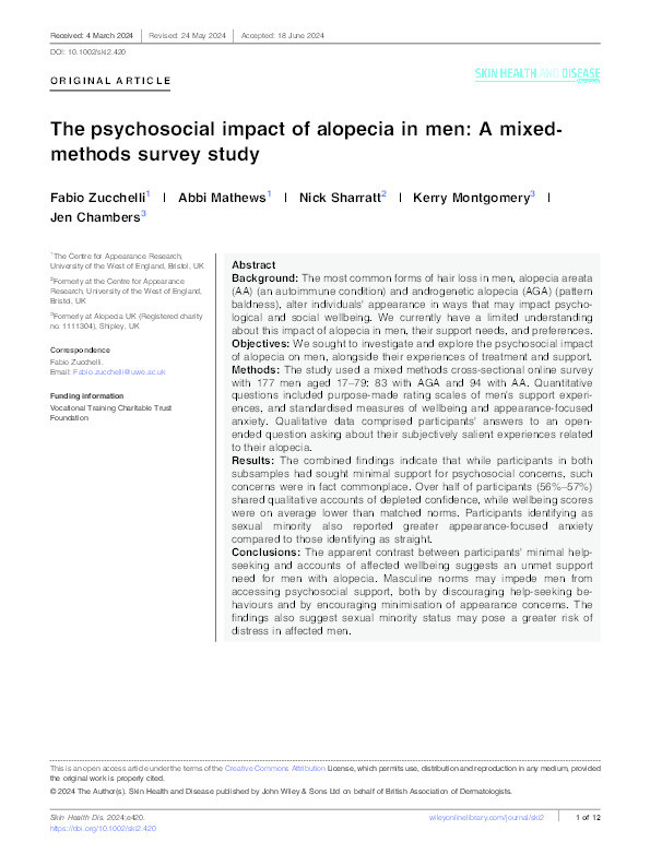 The psychosocial impact of alopecia in men: A mixed-methods survey study Thumbnail