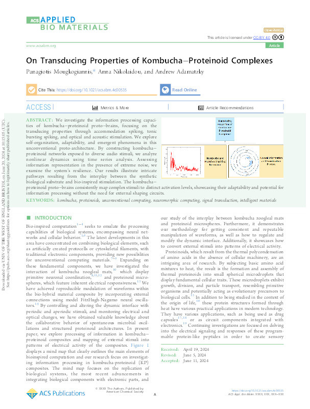 On transducing properties of kombucha−proteinoid complexes Thumbnail