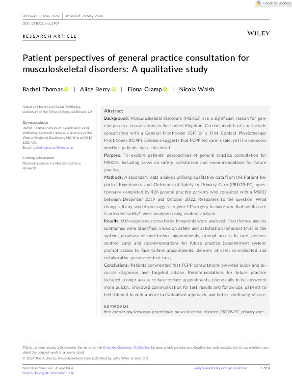 Patient perspectives of general practice consultation for musculoskeletal disorders: A qualitative study Thumbnail